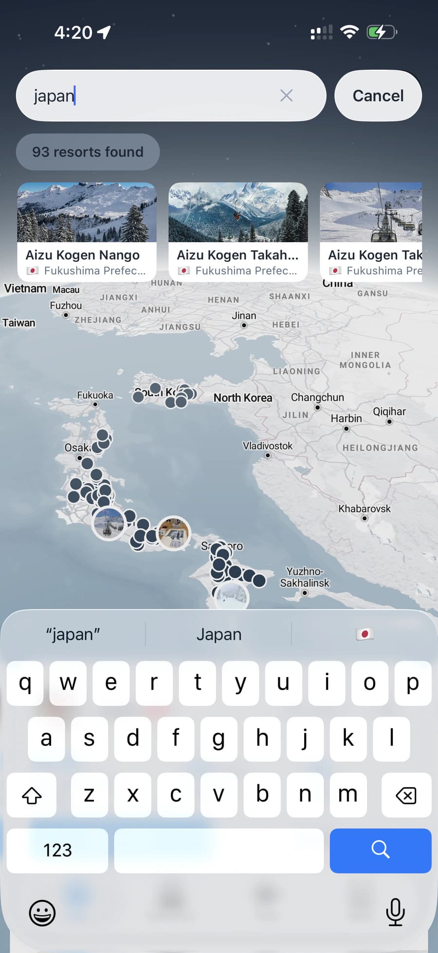Slopestory searching for ski resorts in Japan, with resort cards and map results